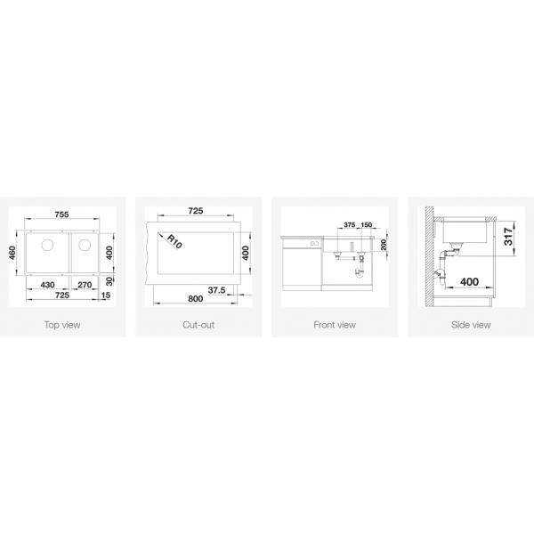 Chiuveta Subline 430/270-U Negru, 2 Cuve, Blanco