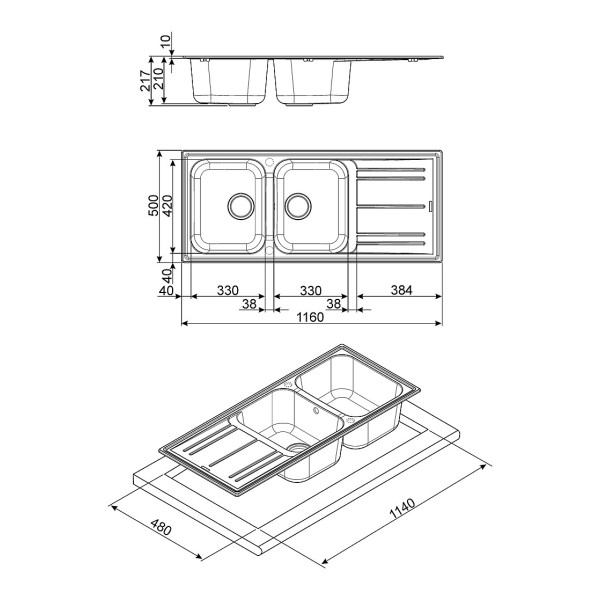 Chiuveta granit cu 2 cuve Smeg Antracit LZ116A2