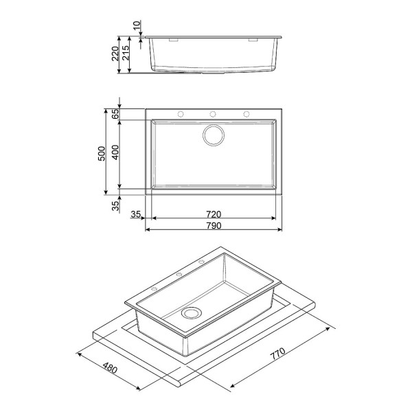 Chiuveta gu blat Smeg negru, VZ79N, 790x500mm