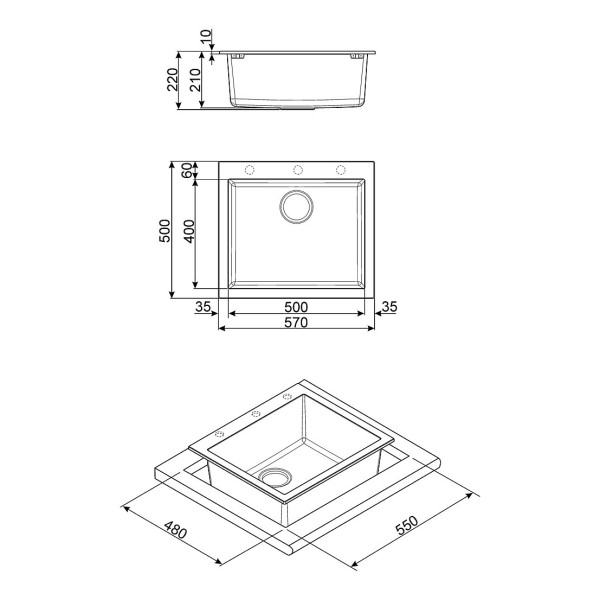 Chiuveta Granit Smeg VZ57N Negru cu 1 Cuva Mare