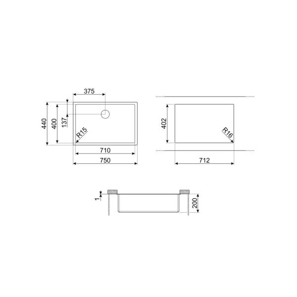 Chiuveta Inox PVD Alama Smeg Sub Blat (750x440mm)