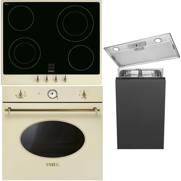 Pachet Smeg Crem: Cuptor, Plita, Hota, Masina de Vase