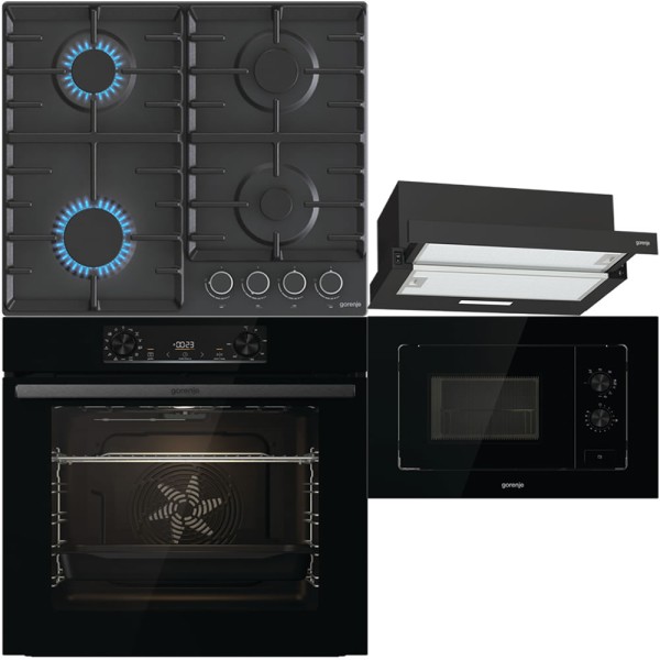 Pachet Gorenje Negru Cuptor, Plita, Hota, Microunde