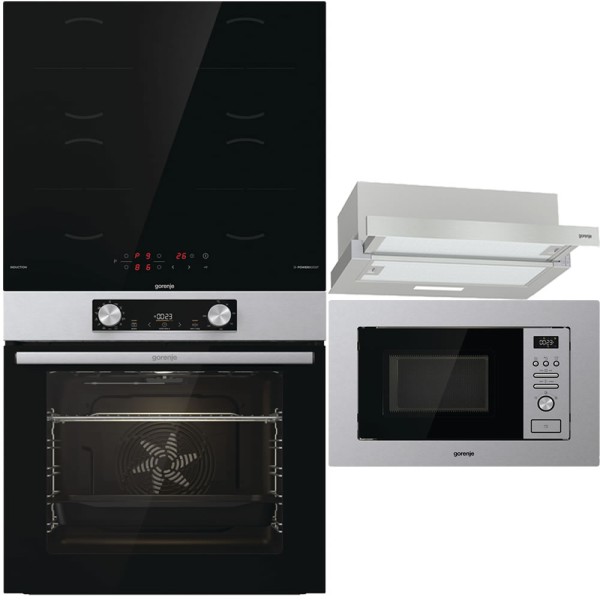 Pachet electrocasnice Gorenje: cuptor, plită, hotă, microunde