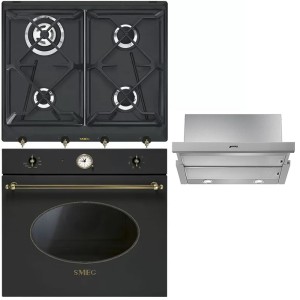 Pachet Smeg Cuptor, Plită, Hota Negru Antracit