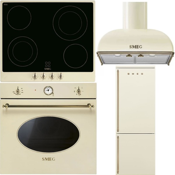 Pachet Electromodern Smeg Crem: Cuptor, Plită, Hotă, Frigider