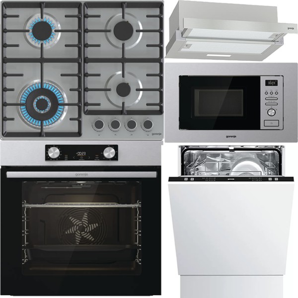 Pachet Gorenje Cuptor, Plită, Hotă, Microunde, Vase
