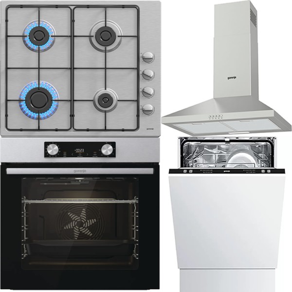 Pachet Gorenje Inox Cuptor, Plită, Hotă, Mașină de spălat