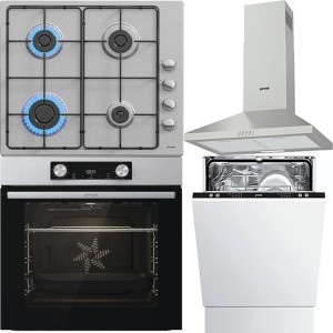 Pachet Gorenje Inox Cuptor, Plită, Hotă, Mașină de spălat