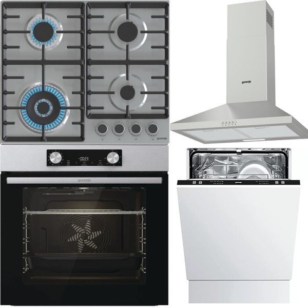 Pachet electrocasnice Gorenje Inox: Cuptor, Plita, Hota, Masina de spalat