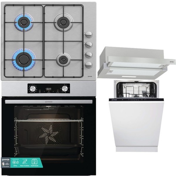 Pachet Gorenje Inox cu Cuptor, Plita, Hota, Masina