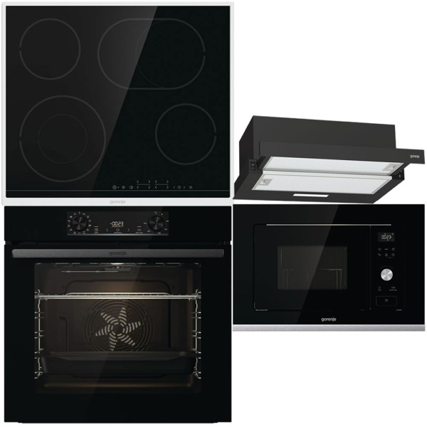 Pachet Gorenje: cuptor, plită, hotă, cuptor microunde