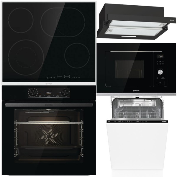 Pachet Gorenje cu Cuptor, Plită, Hotă, Microunde și Mașină de Vase