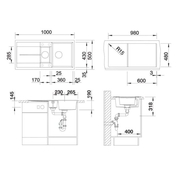 Chiuveta Blanco METRA 6 S, antracit, 1000x500 mm