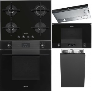 Pachet Smeg Linea: Cuptor, Plită, Hota, Microunde și Mașină de Vase