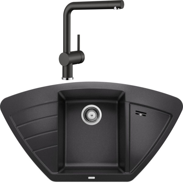 Pachet Blanco Negru Chiuveta de colt ZIA 9 E (930x510 mm) + Baterie cu pipa inalta LINUS, cartus ceramic