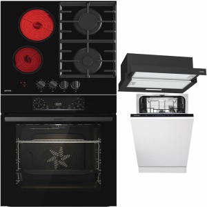 Pachet Gorenje Negru: Cuptor, Plită, Hotă, Mașina de spălat