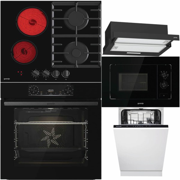Pachet electrocasnice Gorenje: cuptor, plita, hota, microunde, masina de vase