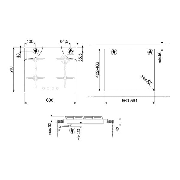 Plita gaz Smeg PV264B, sticla neagra, 4 arzatoare