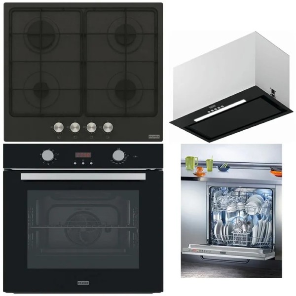 Pachet bucatarie Franke Negru Cuptor FSL 86 H BK+Plita FHSM 604 4G ON E+Hota total incorporabila 52 cm FBFE+Masina de vase 60cm