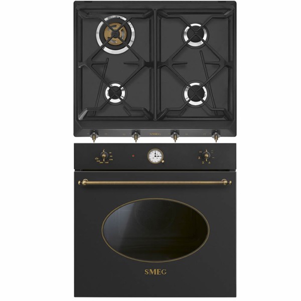 Pachet Smeg NEGRU-ANTRACIT Cuptor electric SF68C1AO + Plita pe gaz SRV864AOGH (arzator WOK,gratare fonta)