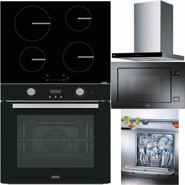 Pachet Franke Black: cuptor, plită, hotă, microunde, vase