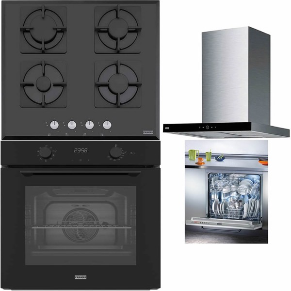 Pachet Franke Sticla Neagra Cuptor FMA 86 H TBK+Plita gaz FHNS 604 4G BK C+Hota perete ARNO 60 XS/BK+Masina de vase 60cm FDW 614