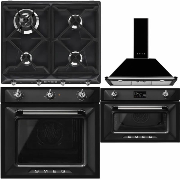 Pachet Smeg Negru Victoria Cuptor SF6905N1 + Plita SR964NGH + Hota decorativa KT90BLE (latime 90cm) + Cuptor Microunde SO4902M1P
