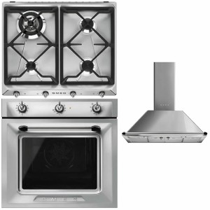 Pachet Smeg Inox Victoria Cuptor SF6905X1 + Plita pe gaz SR964XGH (gratare fonta, wok) + Hota de perete KTR110XE (latime 90 cm)