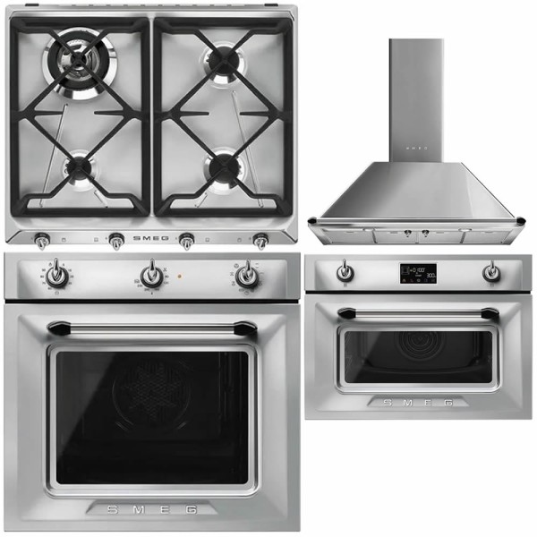 Pachet Smeg Inox Victoria Cuptor SF6905X1 + Plita SR964XGH + Hota decorativa KTR110XE (latime 90cm) + Cuptor Microunde SO4902M1X