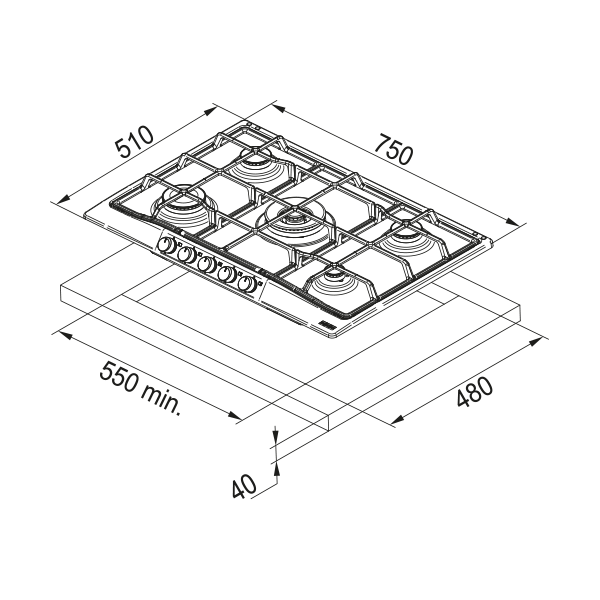 Plita gaz Franke Nero FHCL 755, 5 arzatoare, gratare fonta