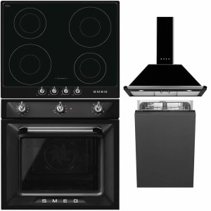 Pachet Smeg Negru Victoria Cuptor SF6905N1 + Plita inductie SI964NM + Hota de perete 90 cm KT90BLE + Masina spalat vase 45 cm