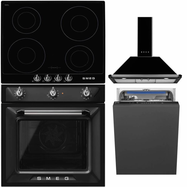 Pachet Smeg Negru: Cuptor, Plita, Hota, Masina de spalat vase