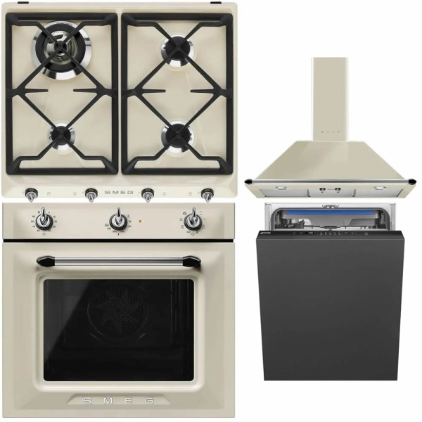 Pachet Smeg Crem Victoria: Cuptor, Plită, Hotă, Mașină Vase