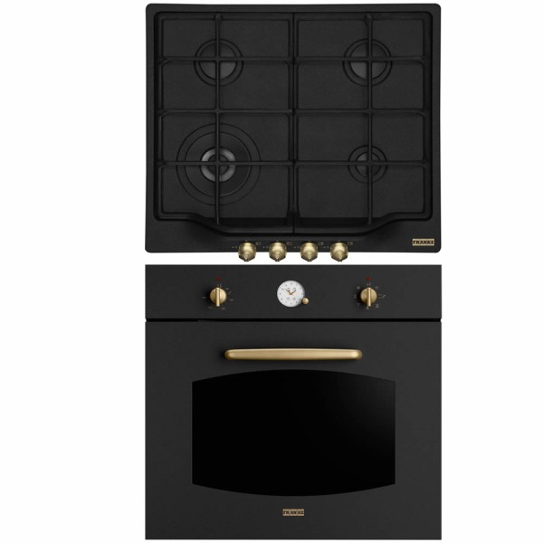 Pachet Franke Country Nero cu butoane aurii antice Cuptor electric FCL 86 H ON + Plita pe gaz FHCL 604 3G TC ON C