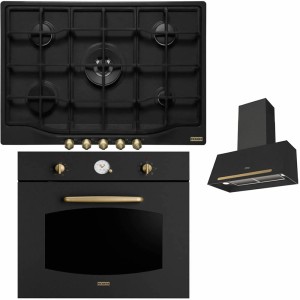 Pachet Franke Country Nero cu butoane aurii antice Cuptor electric FCL 86 H ON + Plita pe gaz 5 arzatoare  FHCL 755 4G TC ON C