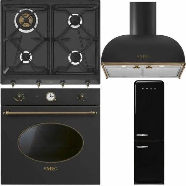 Pachet Retro Negru Smeg: Cuptor, Plită, Hotă, Frigider