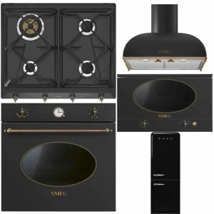 Pachet Retro Negru Smeg Cuptor, Plită, Hota, Microunde, Frigider