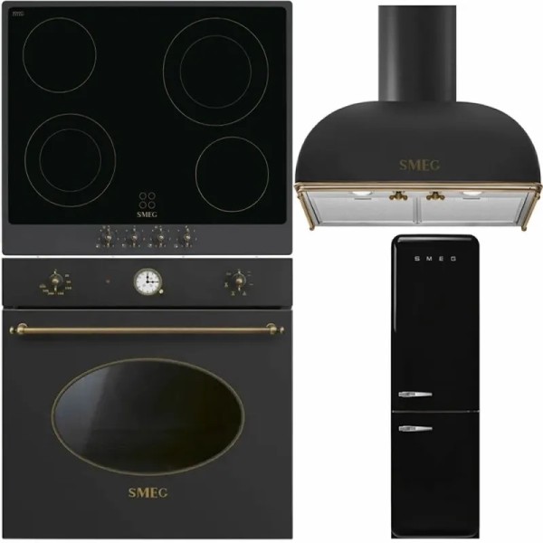 Pachet electric Retro Negru Smeg - Cuptor SF68C1AO, Plita P864AO, Hota KS59AOE2