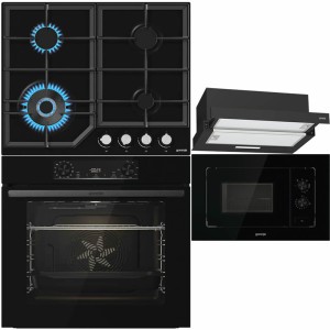 Pachet Sticla Neagra Gorenje Cuptor BOP6737E02BK+Plita gaz GTW641KB (WOK,gratare fonta)+Hota TH60E3B+Cuptor Microunde BM201EG1BG