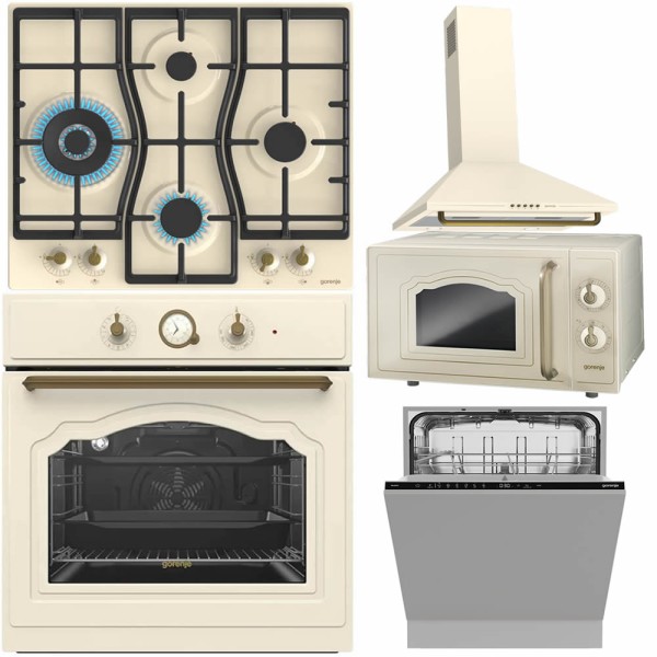 Pachet Gorenje Rustic Crem Cuptor BOS67371CLI + Plita GW6D42CLI + Hota WHC63CLI + Microunde MO4250 + Masina vase 60cm GV642D65