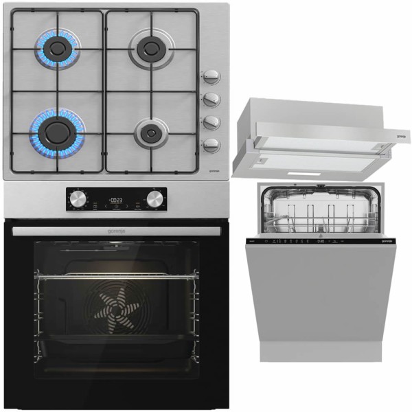 Pachet Gorenje Inox: Cuptor, Plită, Hotă, Mașină de Vase