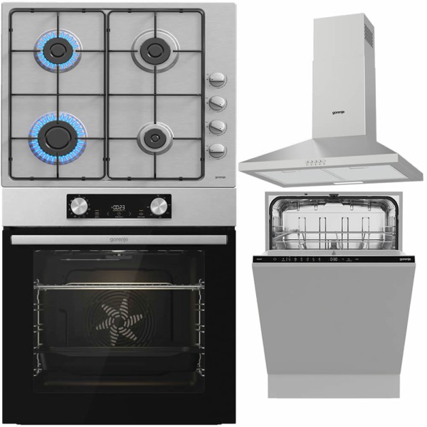 Pachet Gorenje: Cuptor, Plită, Hotă, Mașină vase în Inox