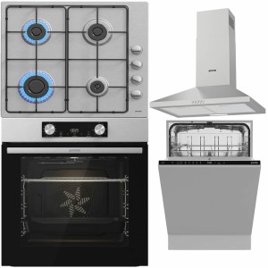 Pachet Gorenje: Cuptor, Plită, Hotă, Mașină vase în Inox