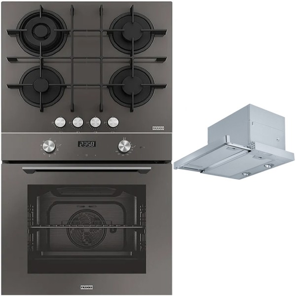Pachet Franke Sticla Gri-Inox Cuptor FMA 86 H SG, plita pe gaz FHMA 604 3G DC SG C, hota telescopica FTC 626
