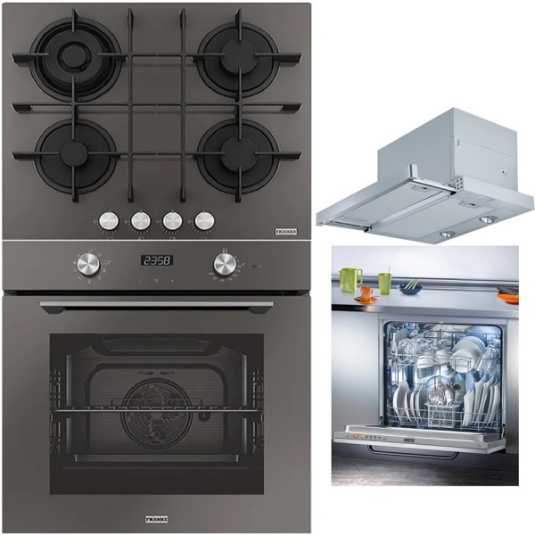 Pachet Franke Sticla Gri-Inox Cuptor FMA 86 H SG, plita FHMA 604 3G DC, hota FTC 626, masina vase 60cm FDW