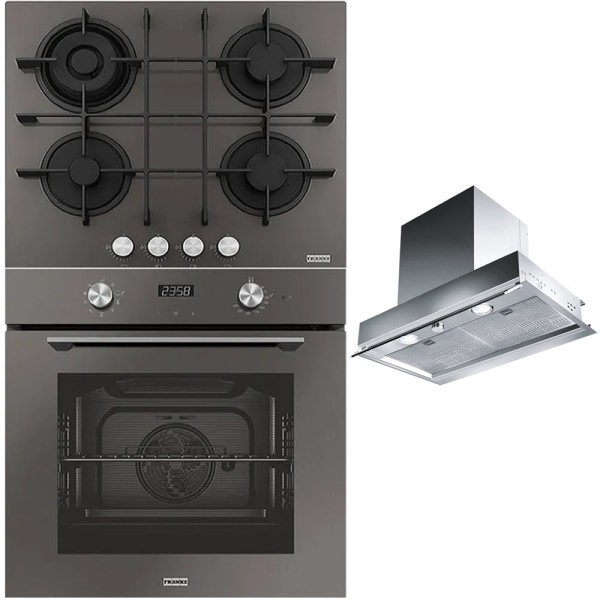 Pachet Franke Sticla Gri-Inox Cuptor FMA 86 H SG, plita pe gaz FHMA 604 3G DC SG C, hota fixa 60cm FST 608 X
