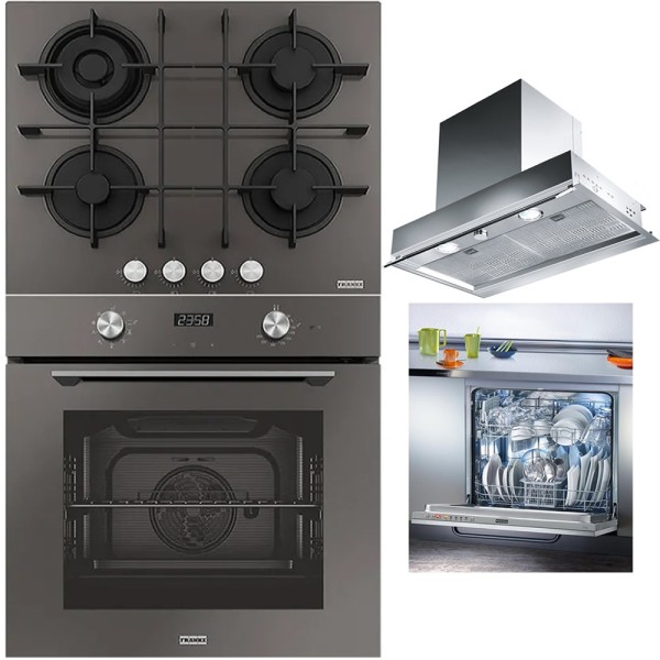 Pachet Franke Sticla Gri-Inox Cuptor FMA 86 H SG, plita gaz FHMA 604 3G, hota 60cm FST 608, masina vase 60cm FDW