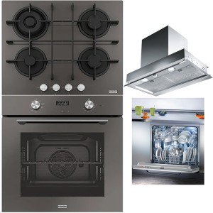 Pachet Franke Sticla Gri-Inox Cuptor FMA 86 H SG, plita gaz FHMA 604 3G, hota 60cm FST 608, masina vase 60cm FDW
